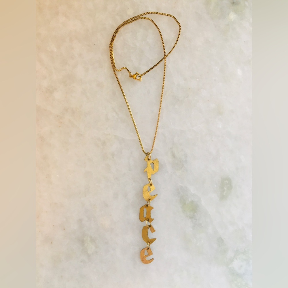 Gold Peace Necklace, handcrafted peace gold tone pendant w/24k gold plated chain - Picture 16 of 16